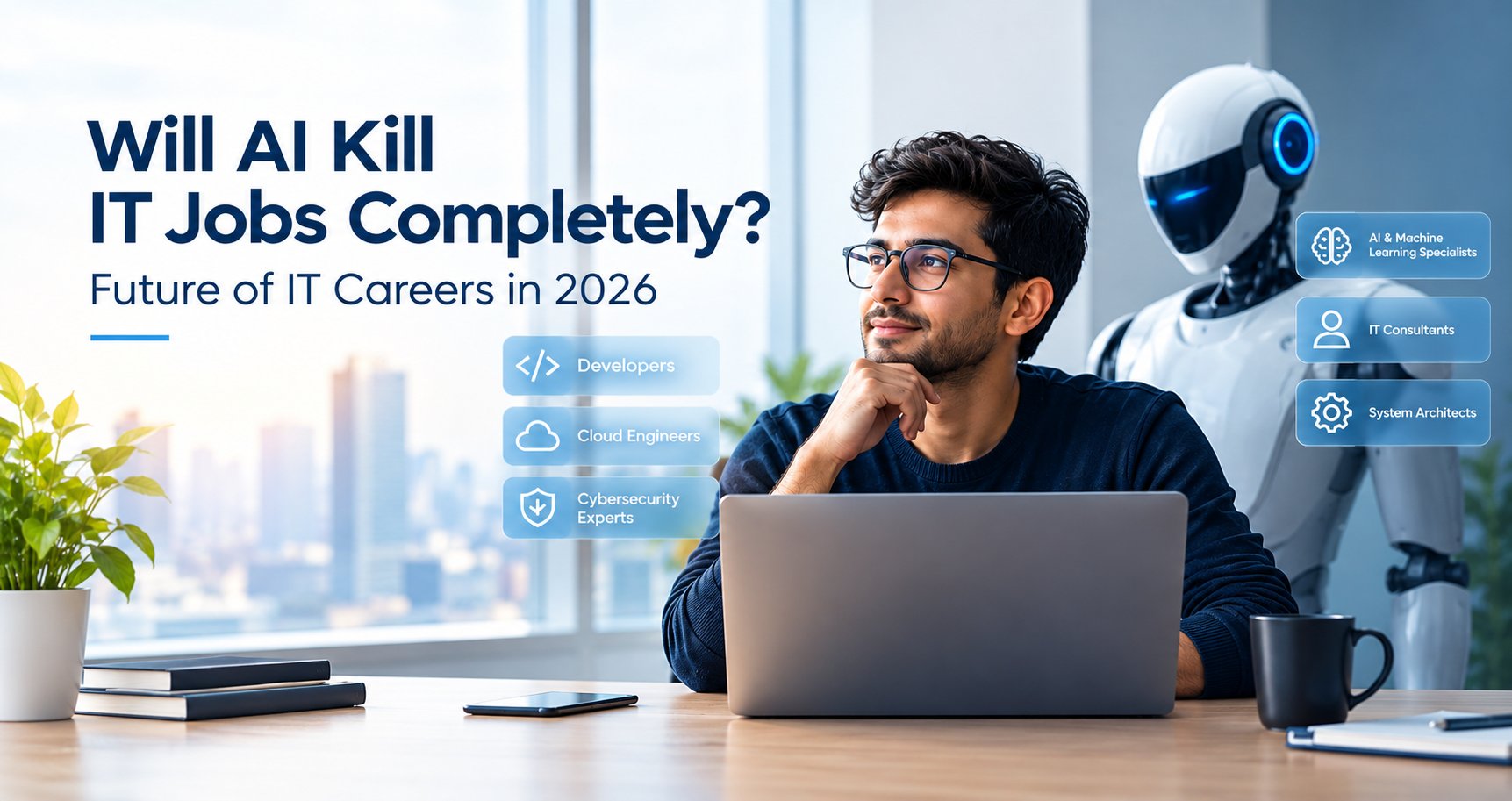 Will AI replace IT jobs completely? Illustration showing software developers working with AI tools and automation technology.